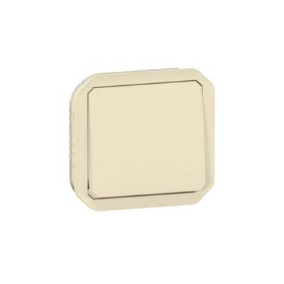 Een lichtbeige, vierkante lichtschakelaar met afgeronde hoeken, voor een witte achtergrond.