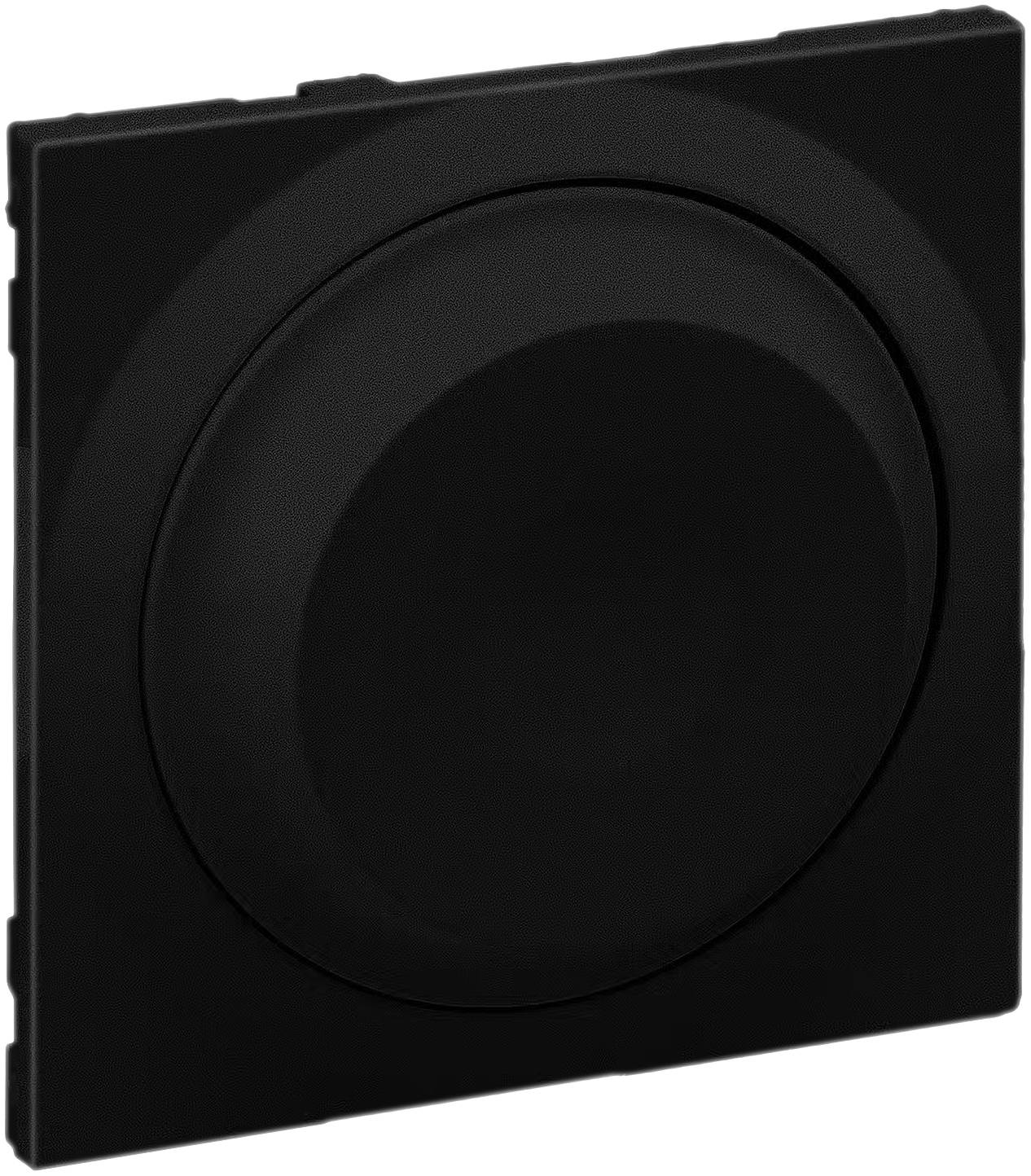 Zwarte ronde dimmer-schakelaar voor een rechthoekig zwart paneel. Minimalistisch design.