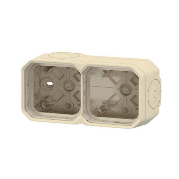Dubbele inbouw apparaatdoos van kunststof, beige. Geschikt voor installatie in muren voor elektrische aansluitingen of apparaatdozen.