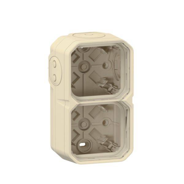 Een dubbele, lege behuizing van kunststof, geschikt voor de installatie van elektrische componenten. Beige kleur, rechthoekige vorm.