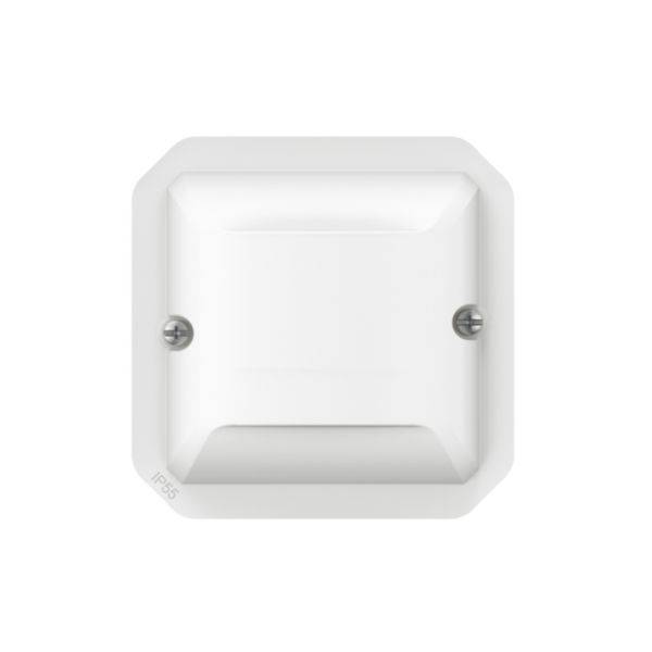 Een witte, vierkante elektrische schakelaar aan een muur, met twee zichtbare bevestigingsschroeven.