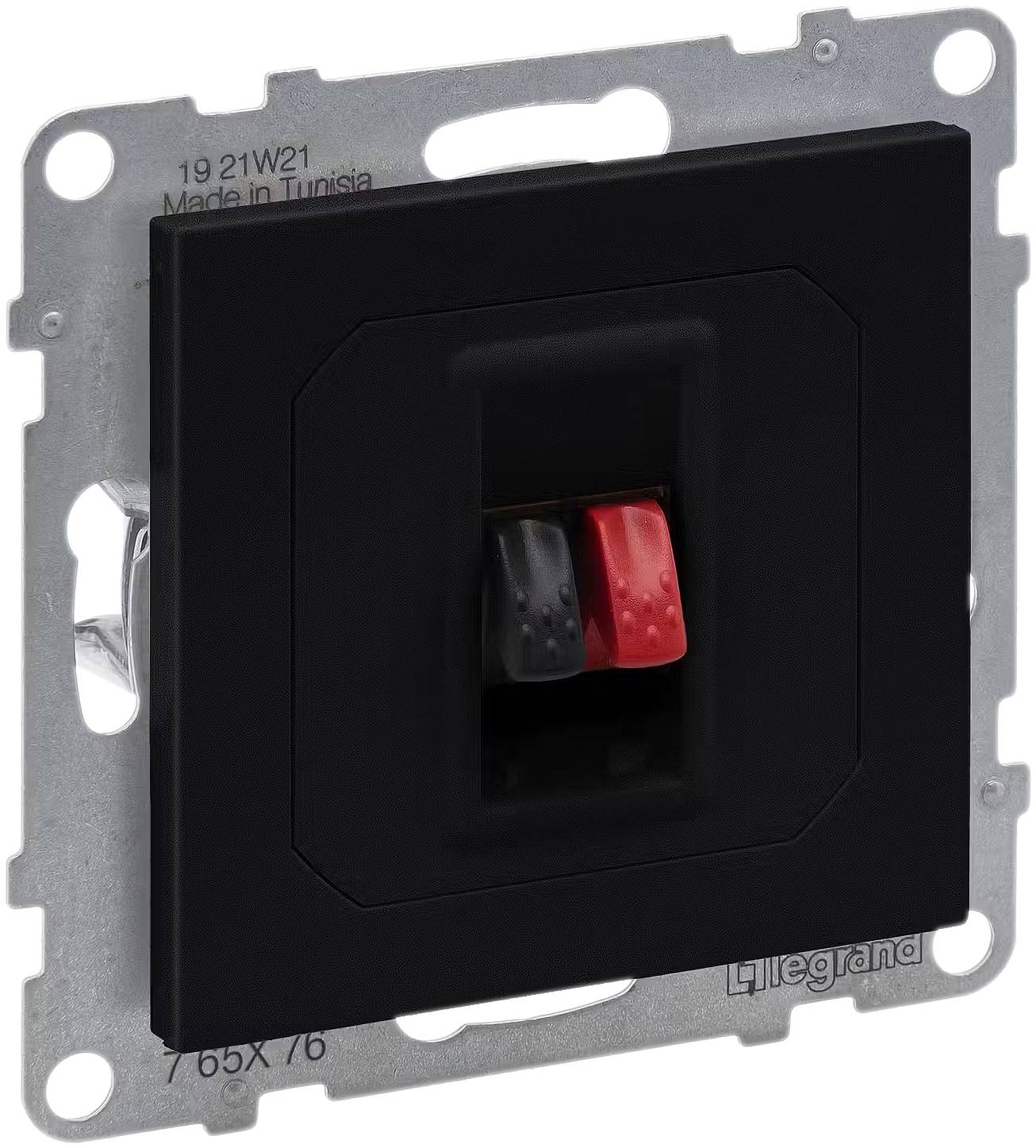 Zwarte stopcontact met twee aansluitingen, rood en zwart, gemonteerd op metalen frame.