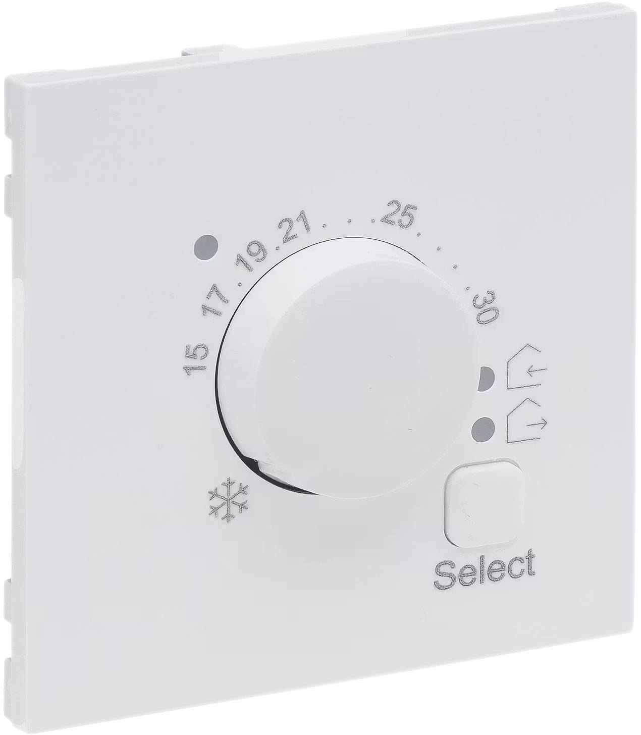 Een wit thermostaat met een draaiknop die temperaturen van 15 tot 30 graden Celsius aangeeft, en daaronder een 'Select'-toets.