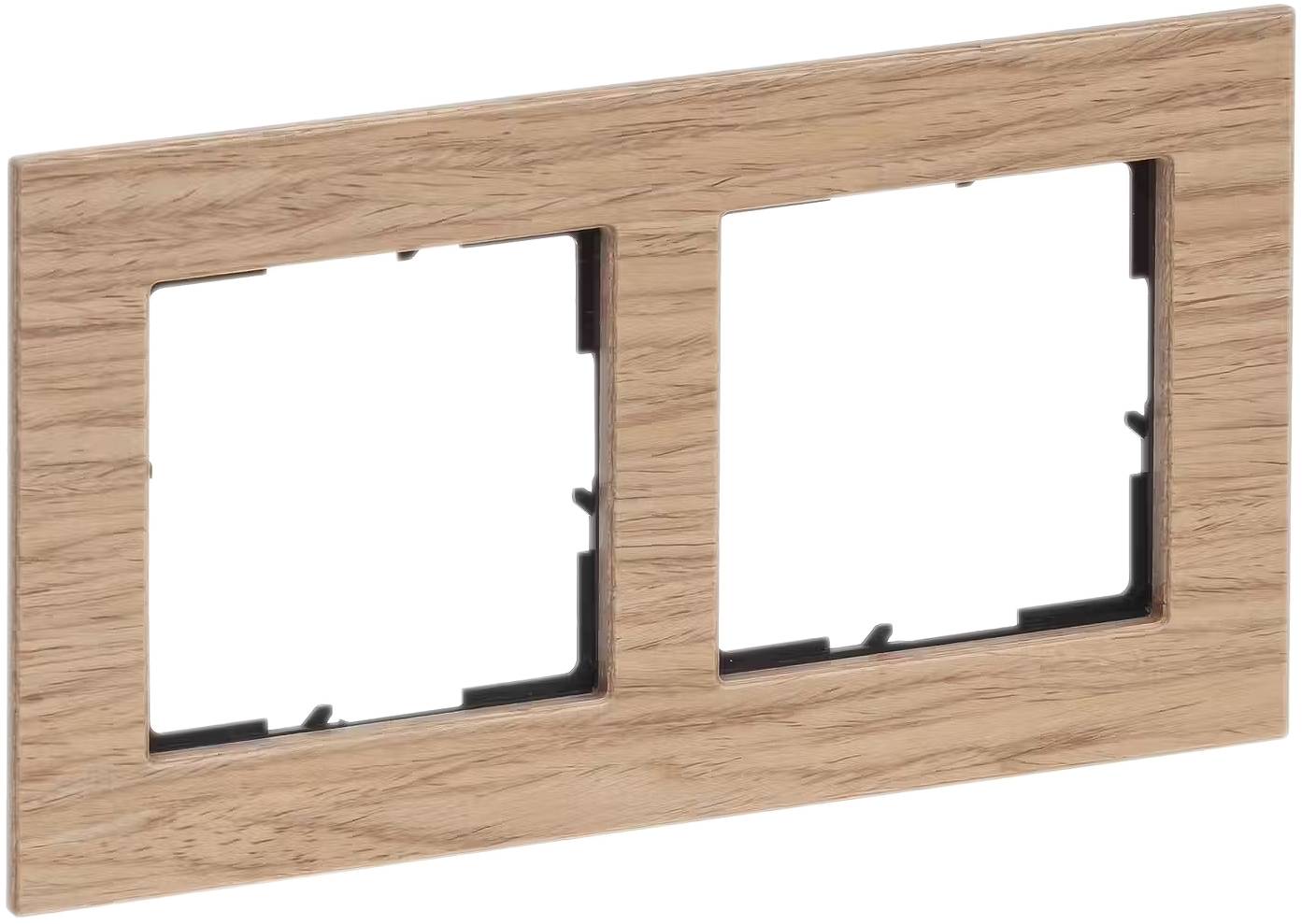 Houten dubbele afdekraam voor lichtschakelaars of stopcontacten, rechthoekige vorm, open midden.