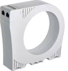 Een ovale, grijs-witte kunststof sensor met twee aansluitopeningen aan de zijkant, voor het bewaken van elektrische stromen.