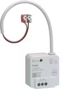 Een wit KNX-schakelmodule met bedrade aansluiting, geschikt voor het besturen van verlichtingssystemen in intelligente gebouwen.