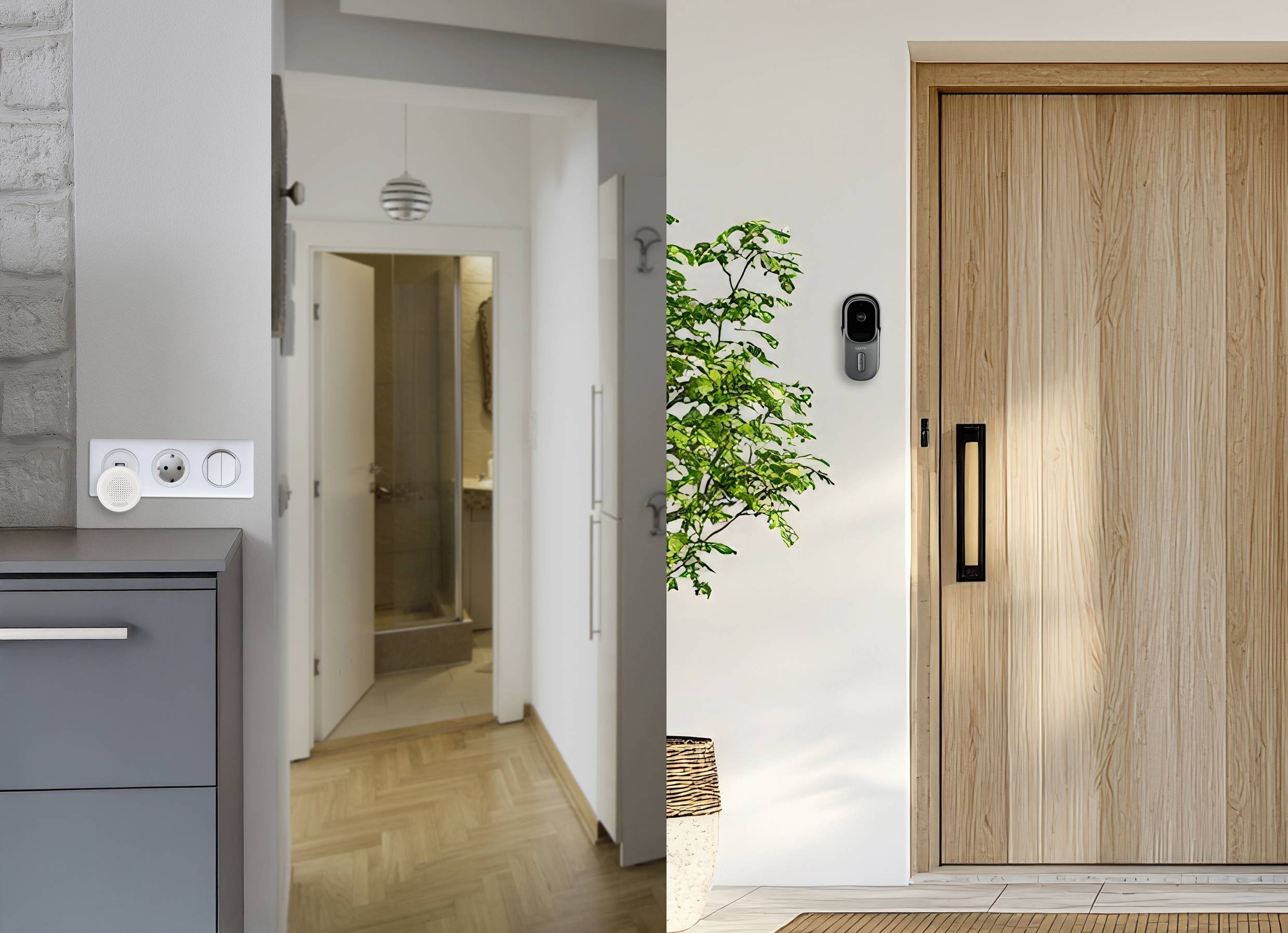Twee deuren naast elkaar: links een witte houten deur met modern interieurontwerp, rechts een houten voordeur met een video-deurbel.