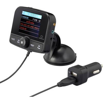 Een auto-DAB+ zender met display en USB-lader, toont informatie over het huidige radiostation en biedt laadmogelijkheden.