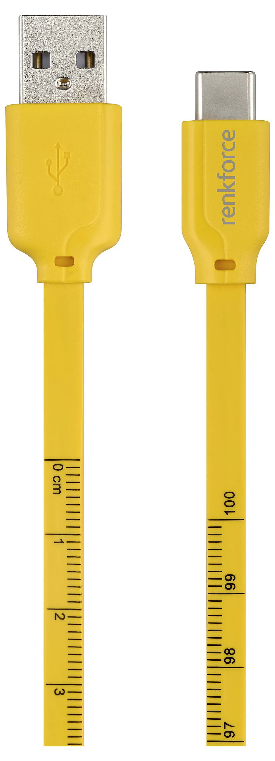 Geel USB-kabel met USB-A en USB-C connectoren, waarop een liniaal in centimeters is afgedrukt, van 0 cm tot 100 cm.