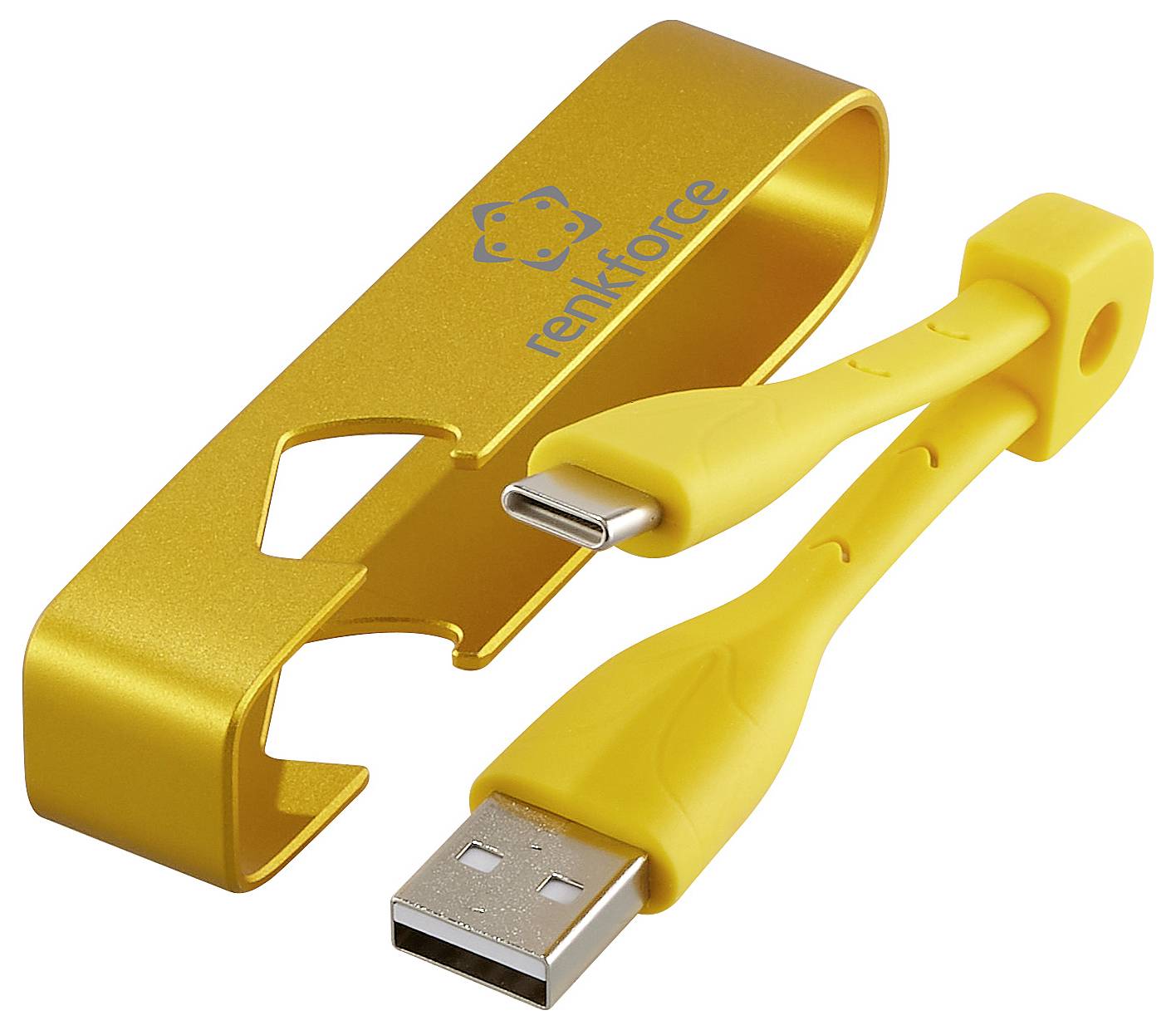 USB-stickset met geel USB-kabel en flesopener, voorzien van 'renkforce' logo. Praktisch voor gegevensopslag en dagelijks gebruik.