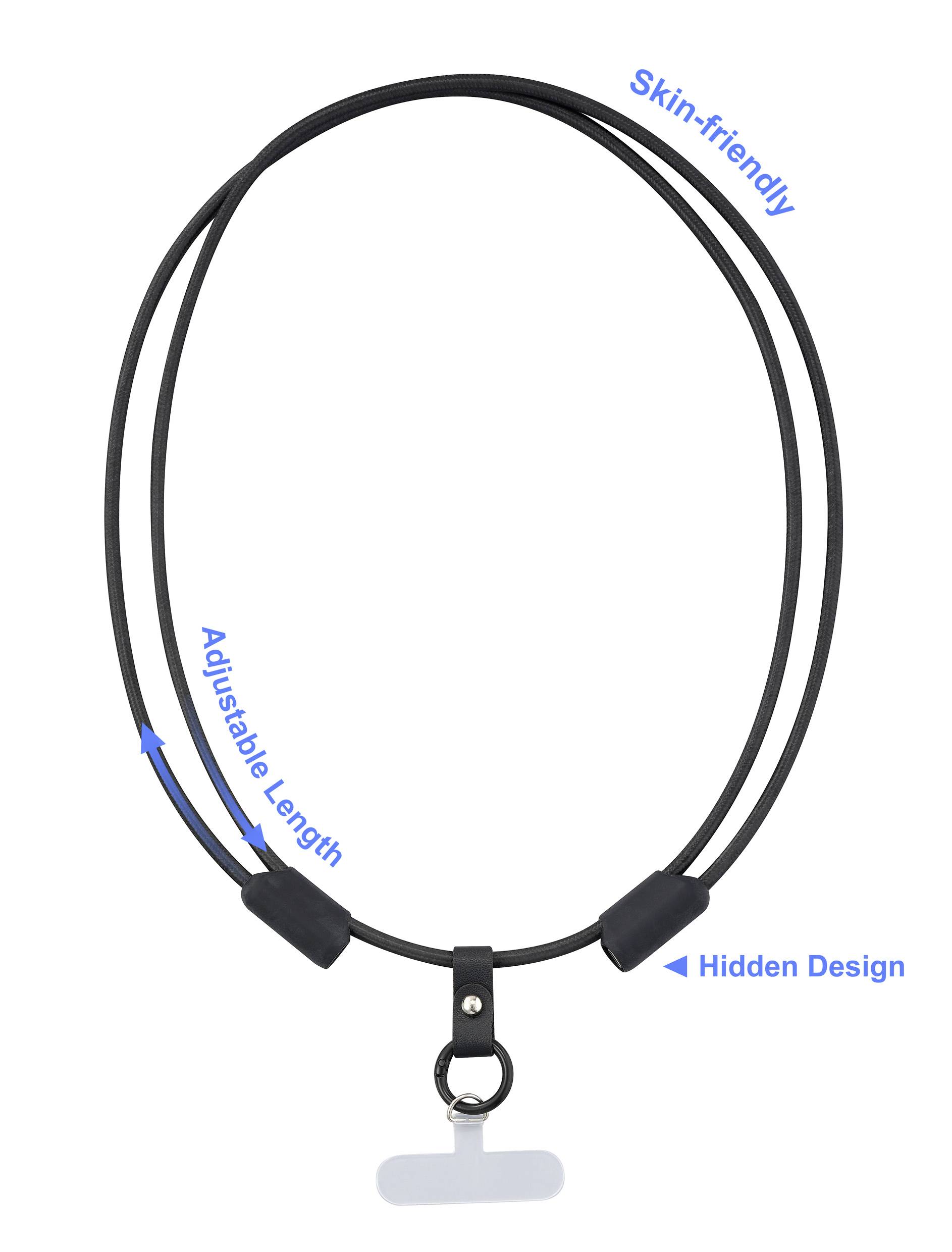 Zwart, verstelbaar keycord met 'Huidvriendelijk' en 'Verborgen Design' opdruk in het blauw. Ideaal voor een veilige grip.
