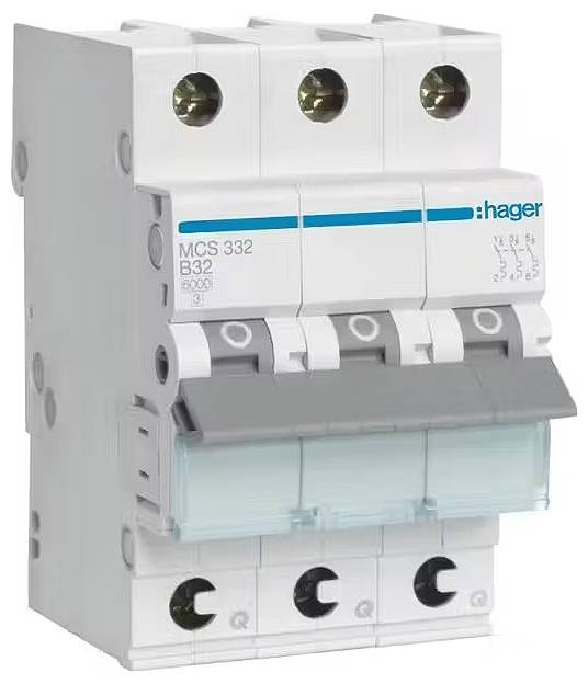 Drie-polige beveiligingsschakelaar van Hager, model MCS 332 B32, voor elektrische installaties.