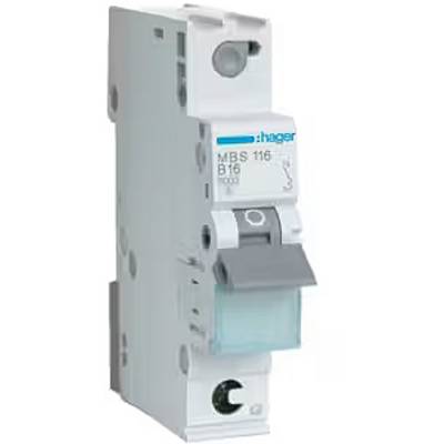 Een grijze schakelaar met blauwe markering en hendel, model 'MBS 116 B16', gebruikt in elektrische verdeelkasten voor stroomonderbreking.