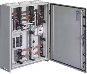 Open schakelkast toont elektrische componenten en bekabeling. Hoofdzakelijk gebruikt voor industriële besturingsdoeleinden.