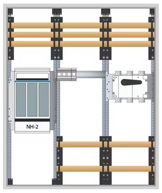 Afbeelding van een elektrische schakelkaartopbouw met verzamelrails, een NH-2 lastscheider en beveiligingsapparatuur voor stroomverdeling.
