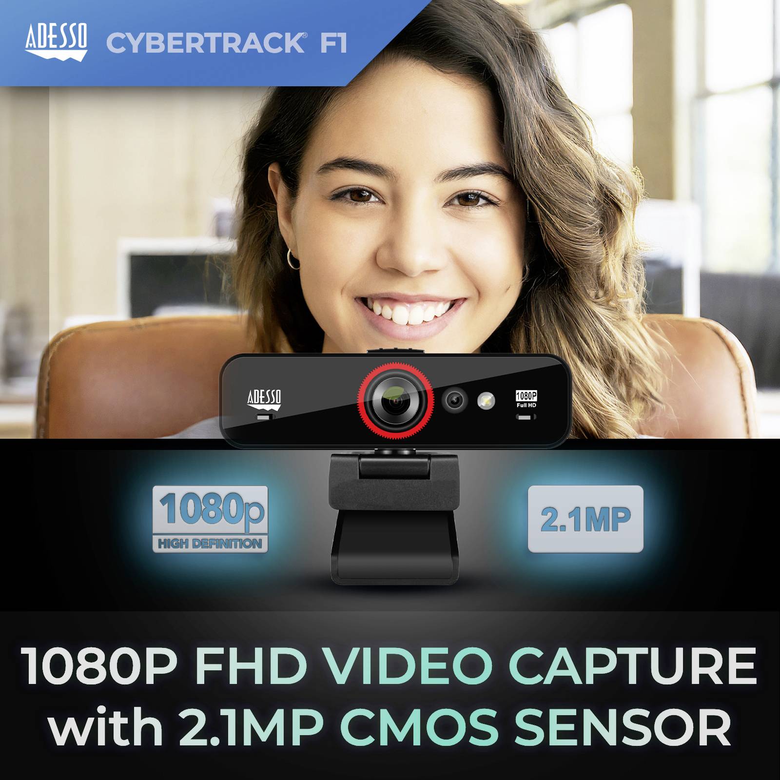 Een persoon glimlacht naar de camera. Daaronder een webcam met het opschrift '1080P FHD Video Capture met 2.1MP CMOS Sensor'.