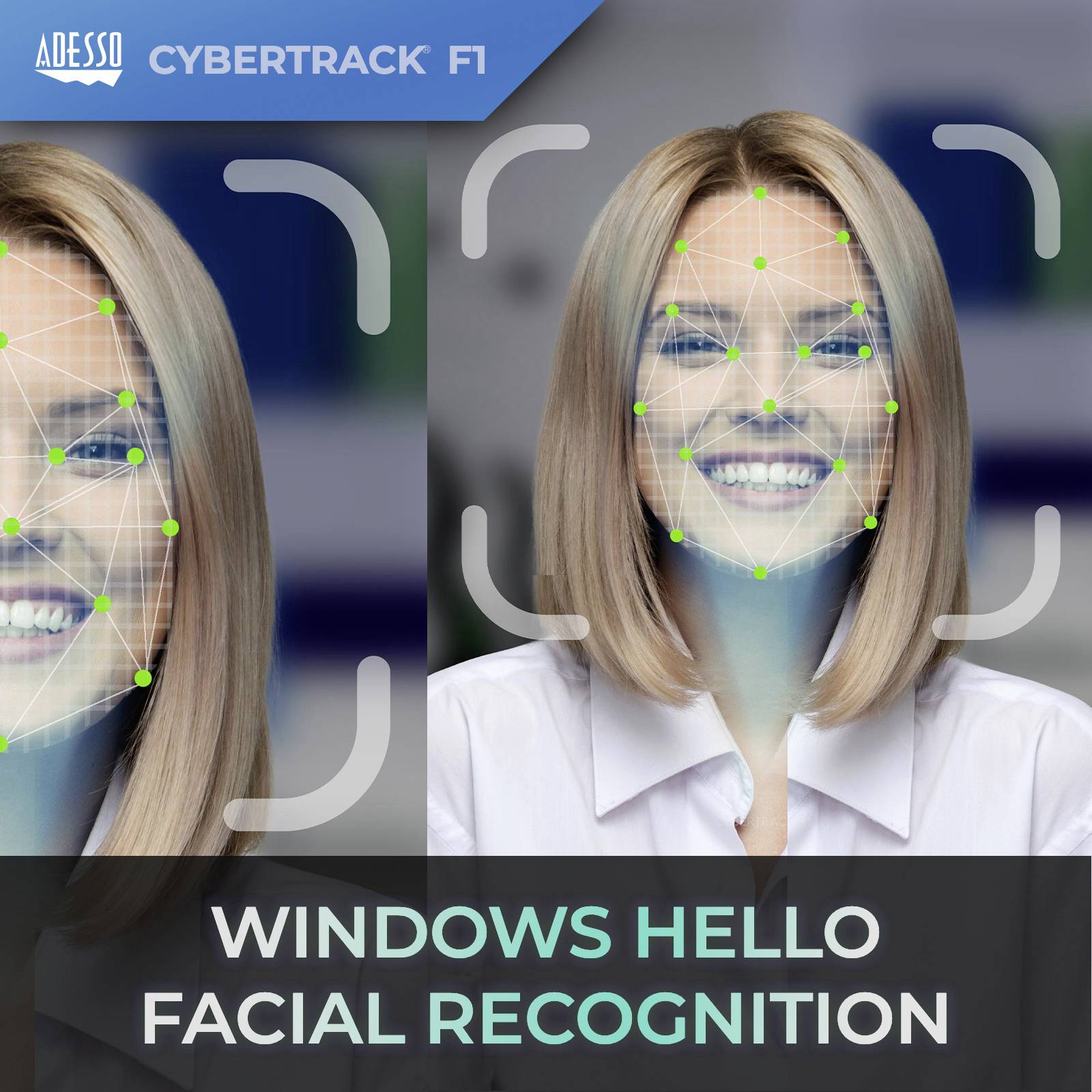 Twee vrouwen met gezichtsherkenningssoftware. De schermen tonen de gezichtsherkenningsresultaten met rasterlijnen en punten.