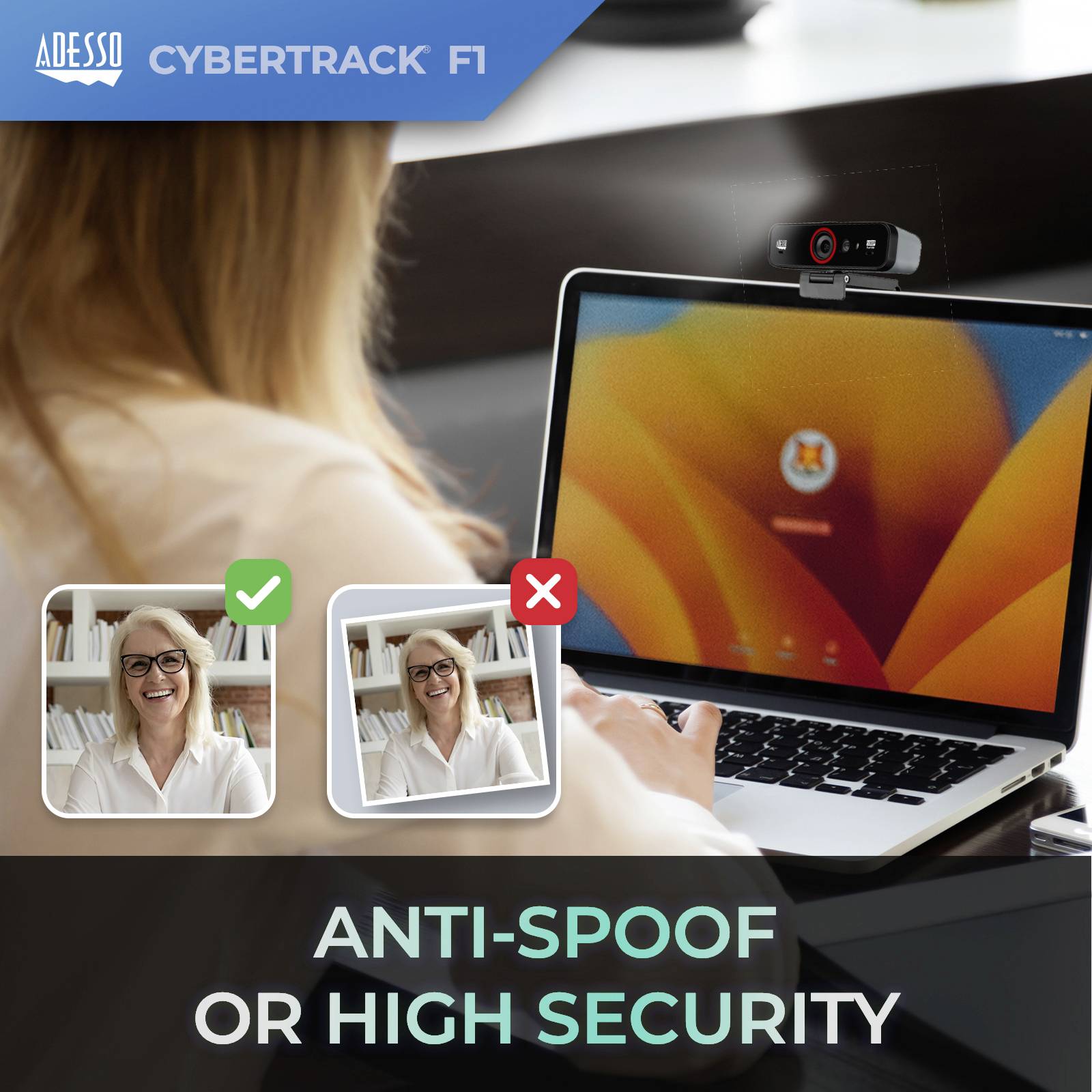 Een persoon gebruikt een laptop met webcam die gezichtsherkenning biedt voor hoge beveiliging. Tekst: 'ANTI-SPOOF OF HOGE BEVEILIGING'.