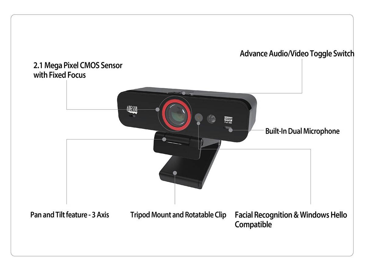 Webcam met 2,1 megapixel CMOS-sensor, vaste focus, audio/video-schakelaar, ingebouwde microfoon, statief-bevestiging, kantelbaar, Windows Hello.