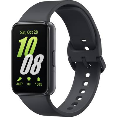 Zwarte smartwatch met rechthoekig display toont datum 'Za, 28 okt', groot getal '1008', stappen '3457', hartslag '89', batterijniveau '100%'.