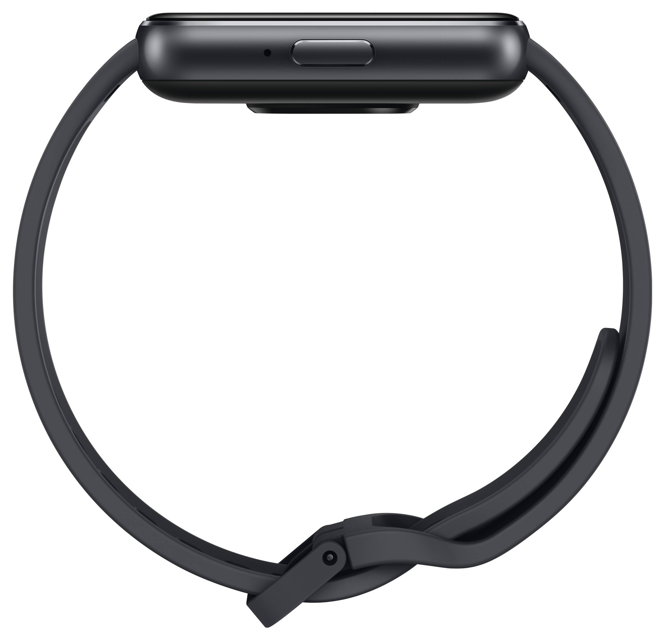Zwarte smartwatch van opzij. Toont knop en bandontwerpdetails.