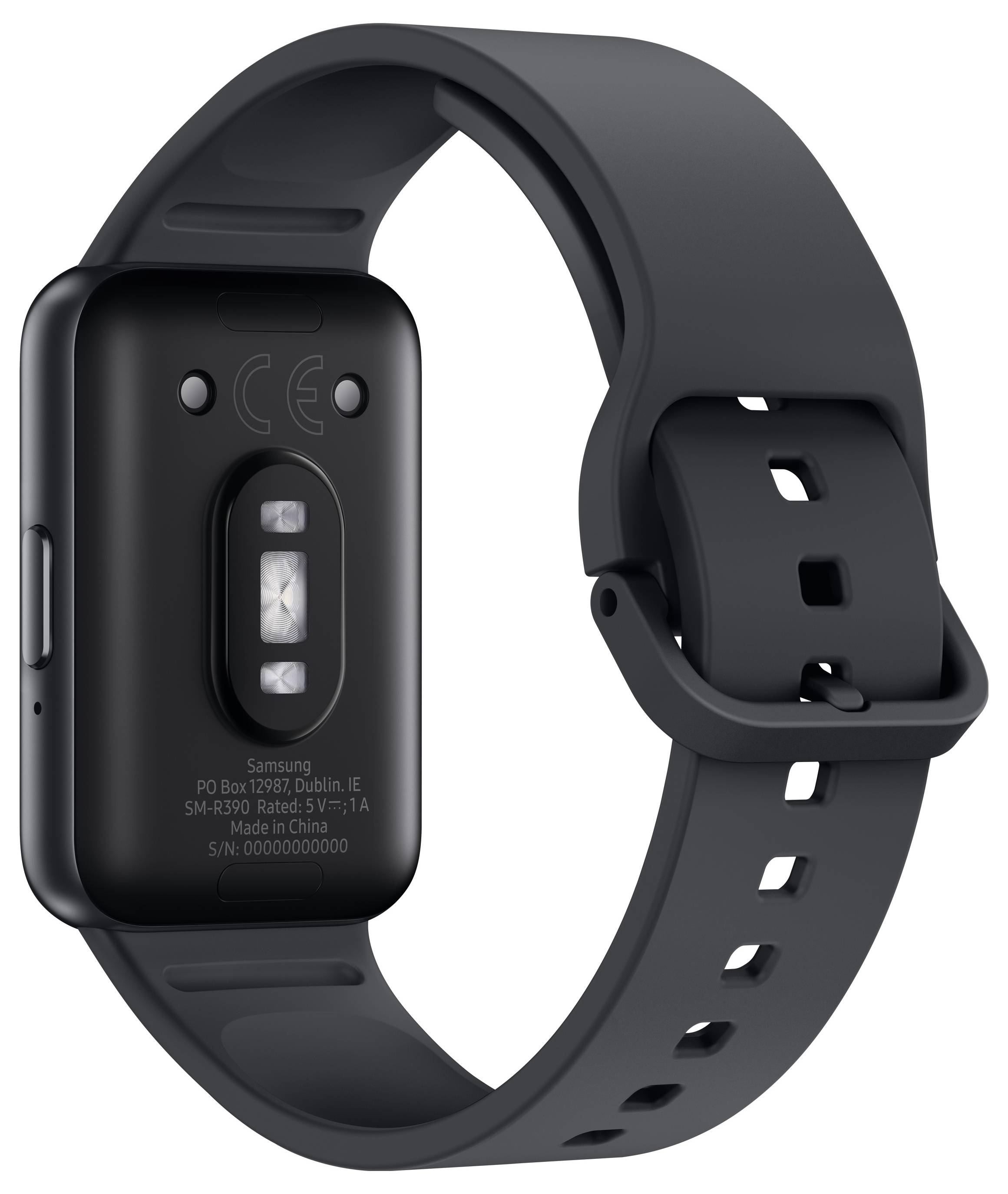 Een zwarte smartwatch met gezondheidsmonitoringssensoren aan de achterkant, geschikt voor fitness-tracking en hartslagmeting.