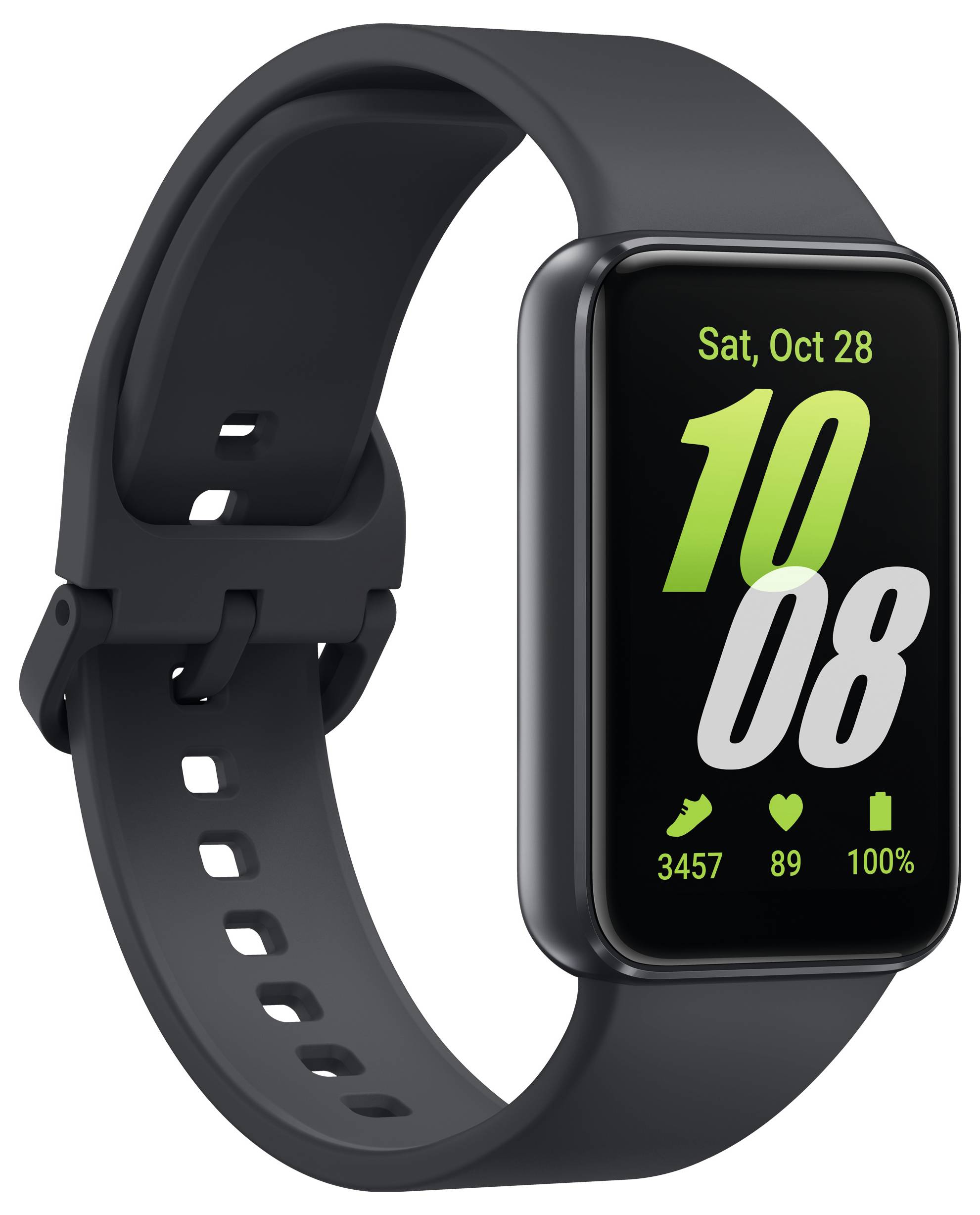 Een zwarte smartwatch toont datum 'Zat, Okt 28', tijd '10:08', stappen '3457', hartslag '89', batterij '100%'.