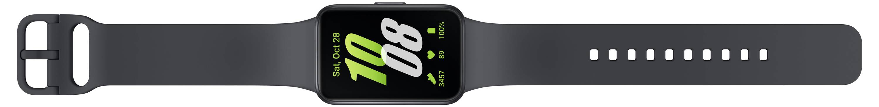 Een zwarte smartwatch met een digitaal display toont '10:09' in groene letters op het scherm.