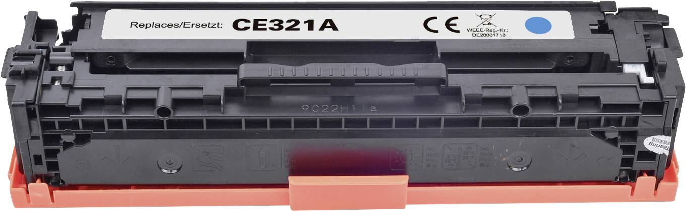 Inktcartridge met opdruk 'Vervangt CE321A', compatibel met bepaalde printermodellen, voorzien van CE-markering en recyclingssymbool.