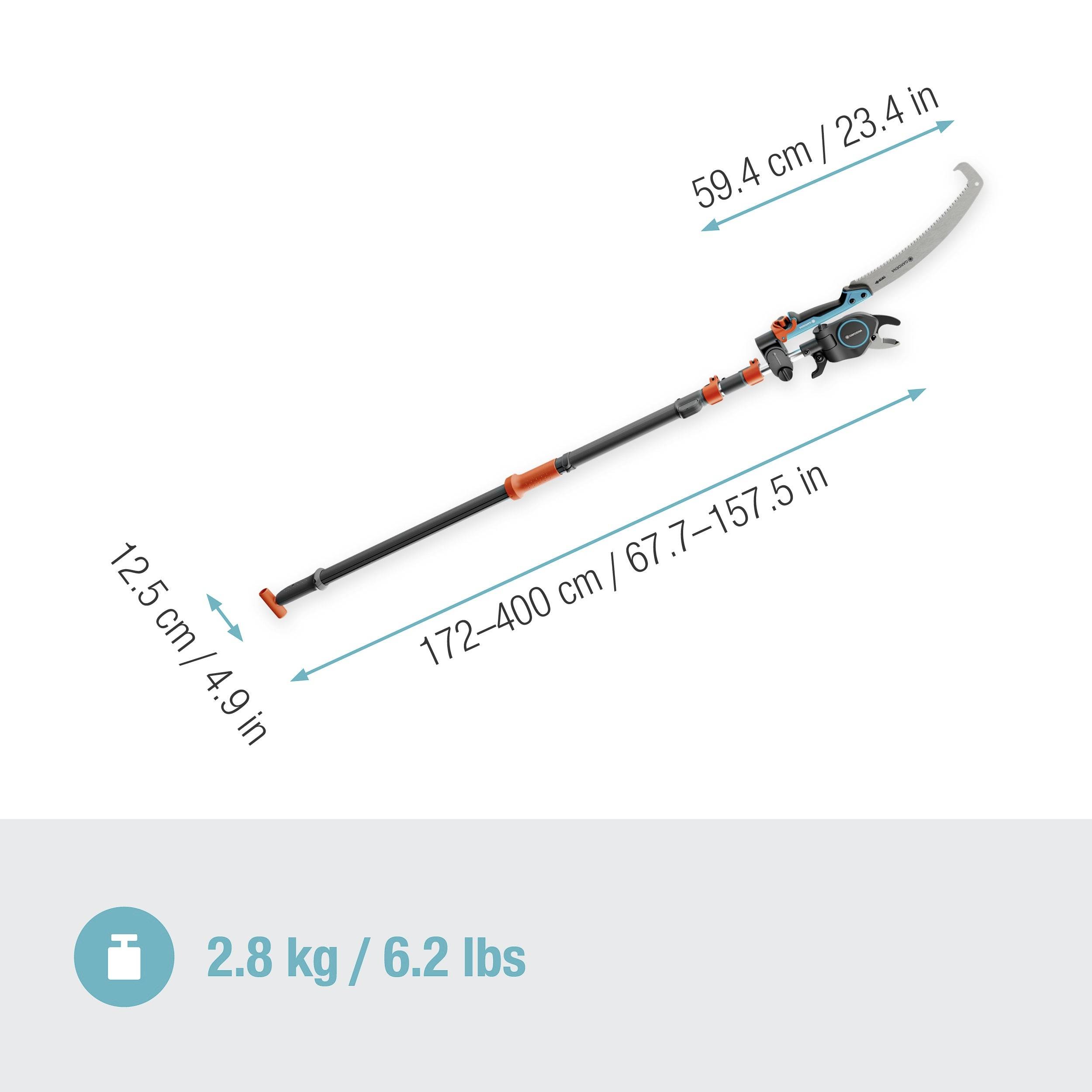 Een telescopische takkenschaar, lengte 172–400 cm, gewicht 2,8 kg.