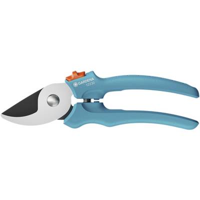 Tuinschaar met blauwe handgrepen en zwart lemmet, merk 'Gardena', modelnummer 12230, geschikt voor het knippen van planten.