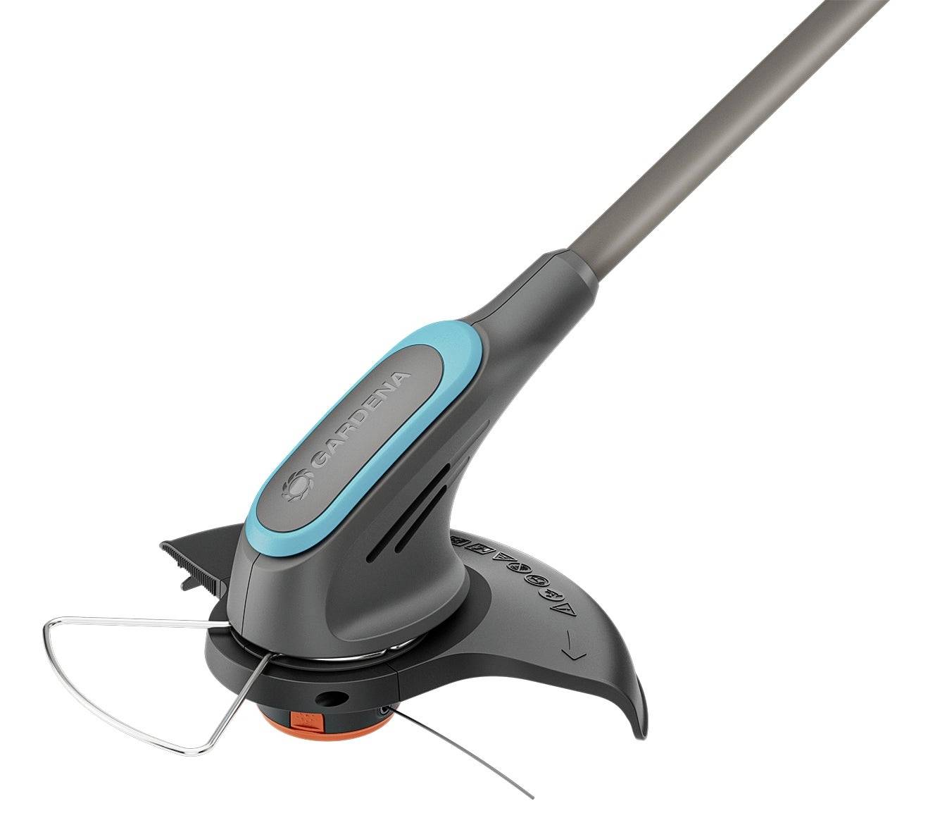 Grastrimmer in blauw en grijs, elektrisch aangedreven met beschermkap en twee snijdraden. Geschikt voor tuinonderhoud.