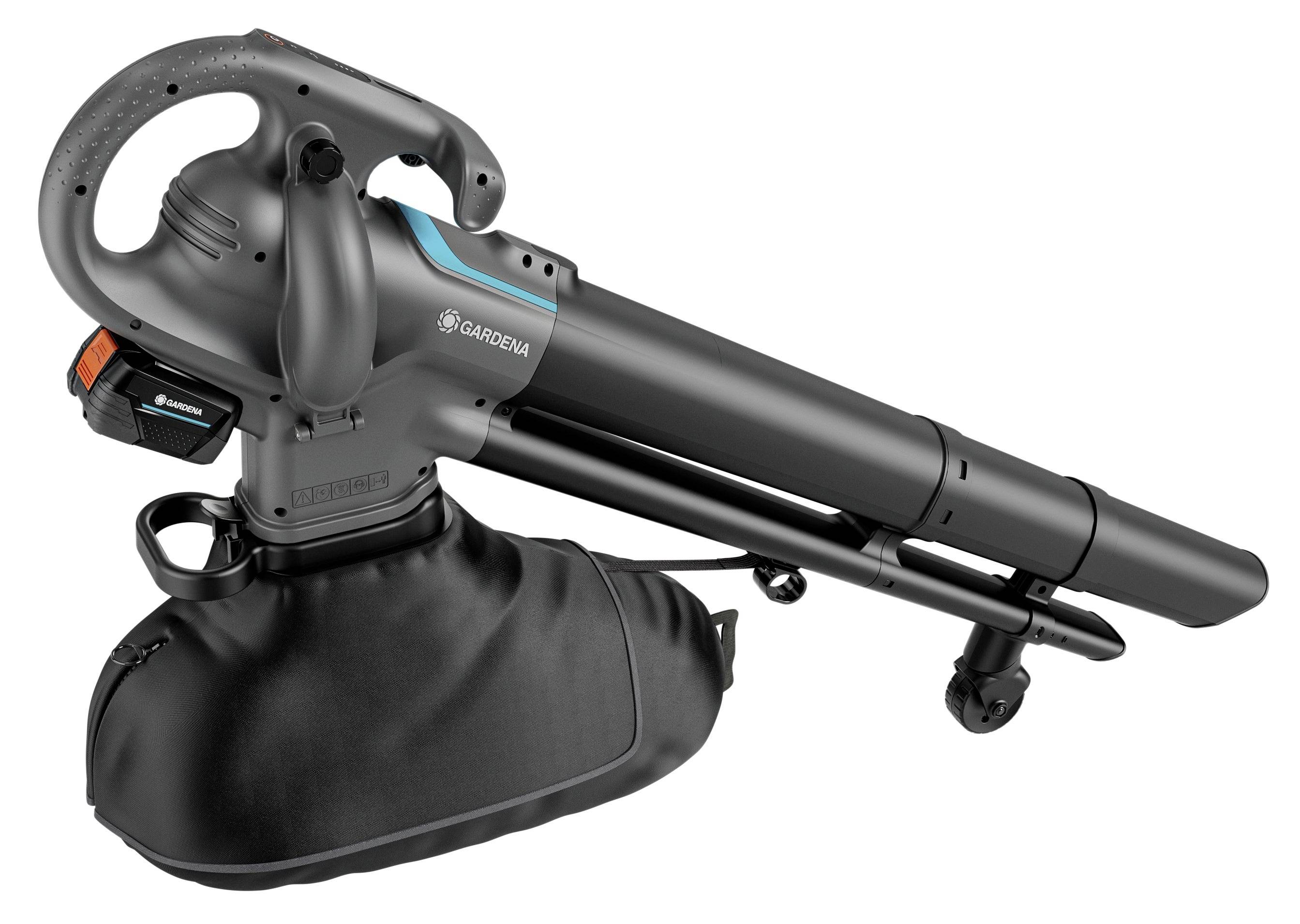 Een zwarte bladblazer met een opvangzak aan de zijkant en een ergonomische handgreep voor tuinwerkzaamheden.