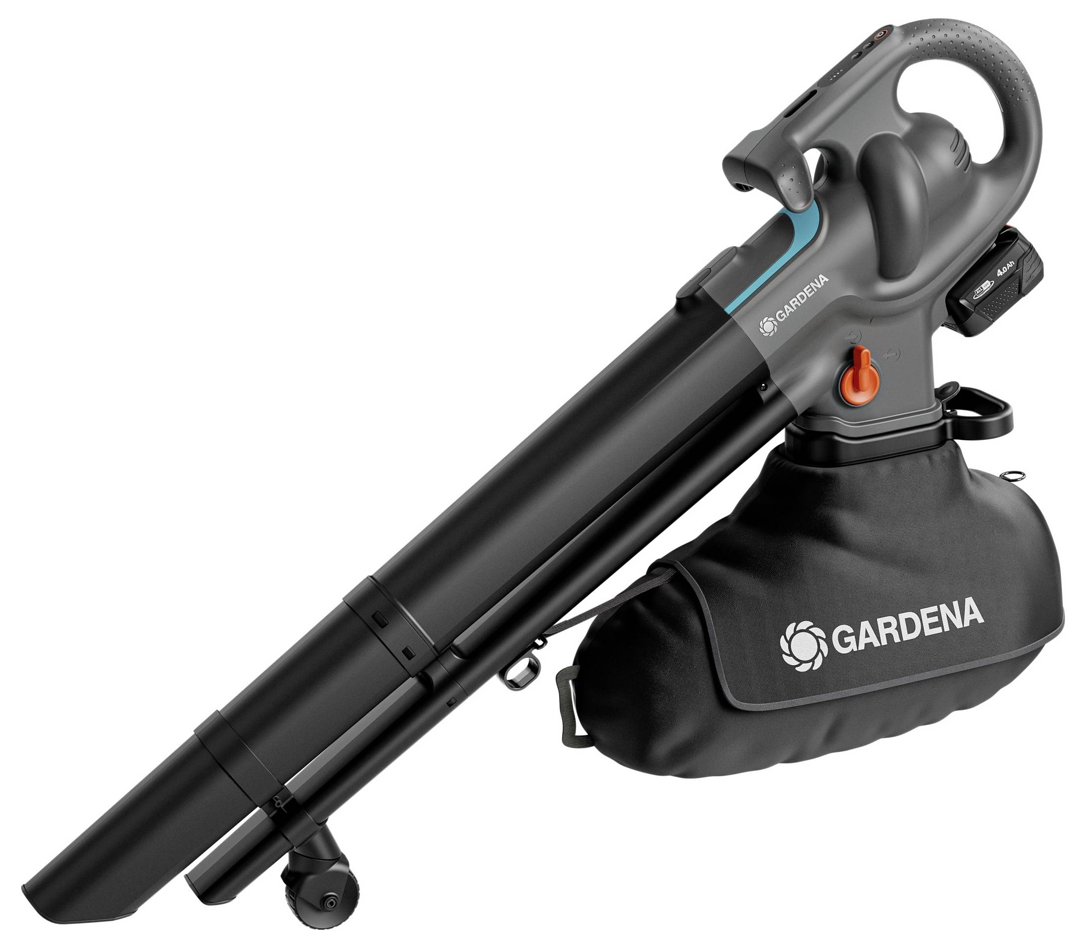 Een zwarte, draagbare bladblazer van Gardena met een afneembare opvangzak en ergonomische handgreep voor tuinwerkzaamheden.