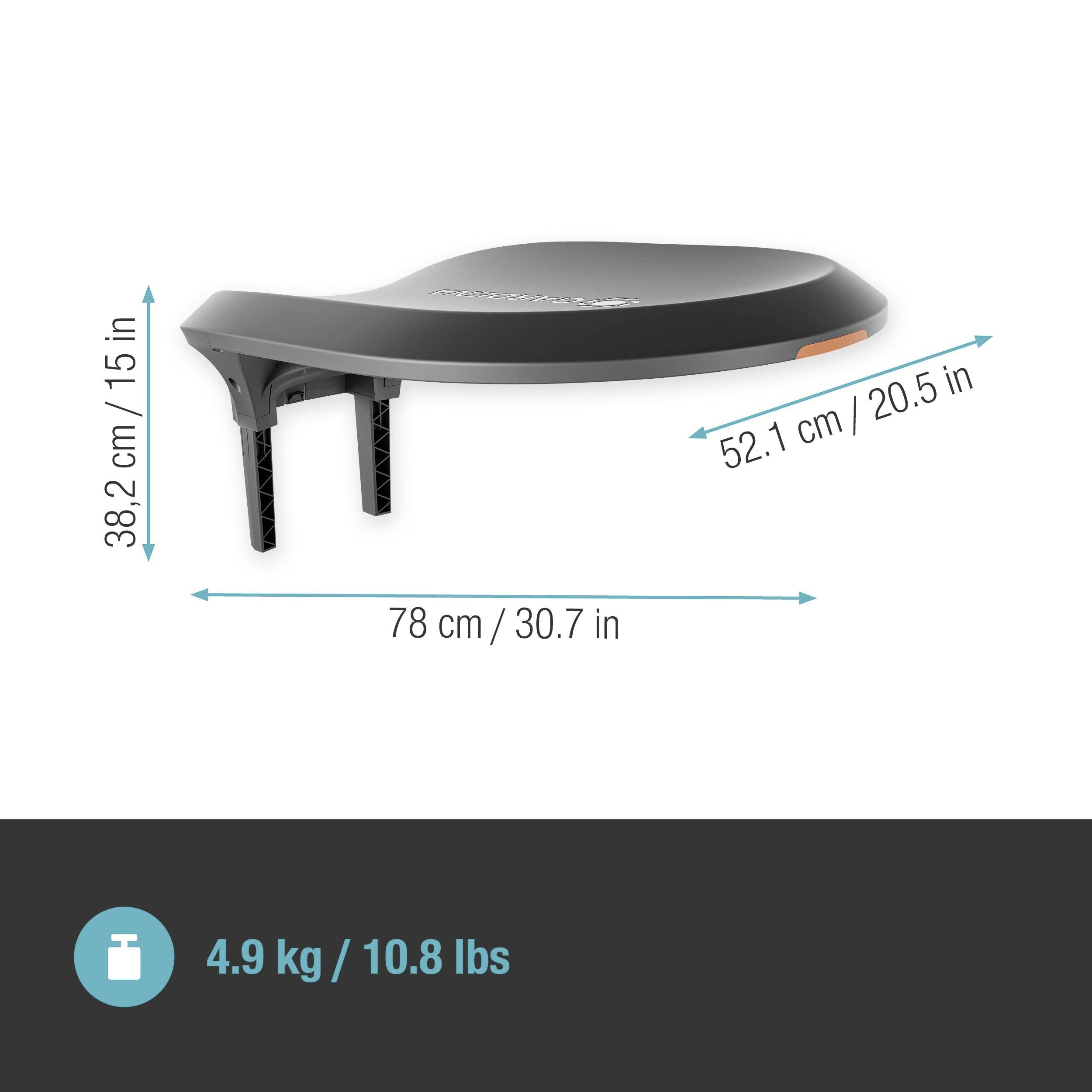 Bovenaanzicht van een zadel met afmetingen: Lengte 78 cm, Breedte 52,1 cm, Hoogte 38,2 cm. Gewicht: 4,9 kg.