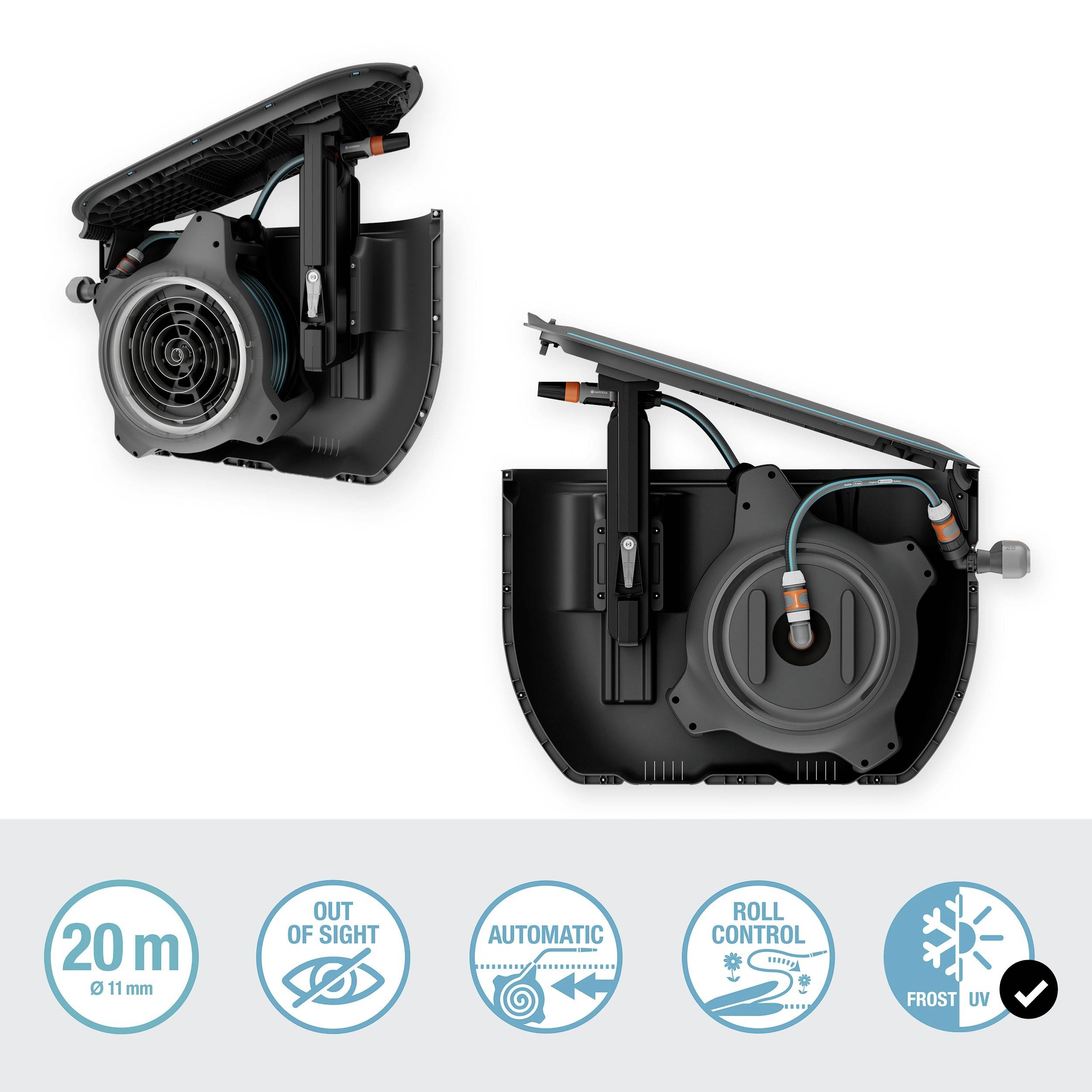 Twee zwarte, mechanische apparaten met buizensystemen en ventilatoren. Daaronder symbolen: '20 m', 'Buiten zicht', 'Automatisch', 'Rolcontrole', 'Vorst UV'.