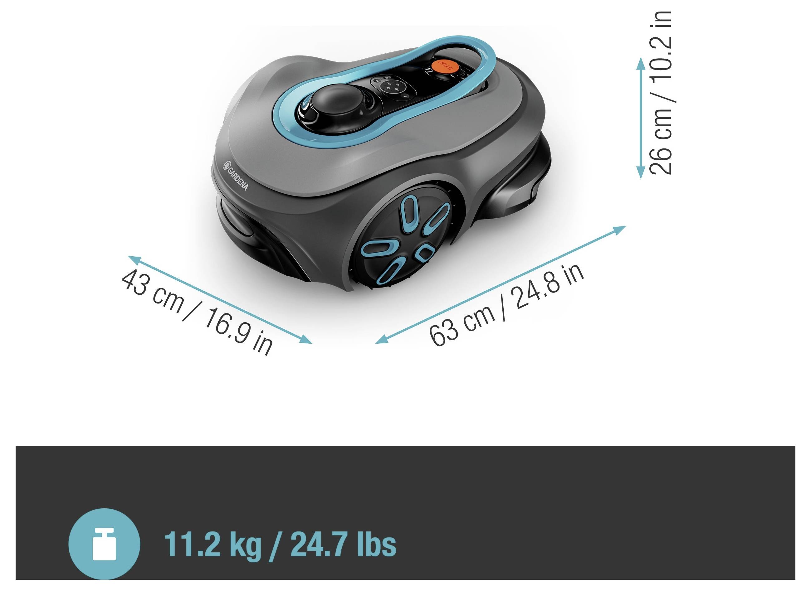 Een compacte, grijze robotische grasmaaier met blauwe accenten. Afmetingen: 63 cm (B) x 43 cm (L) x 26 cm (H). Gewicht: 11,2 kg / 24,7 lbs.
