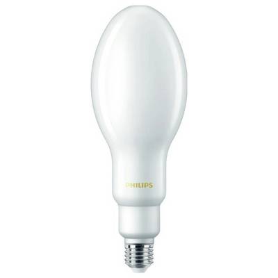 Een witte gloeilamp met E27-fitting, gemarkeerd met 'Philips' in goud.