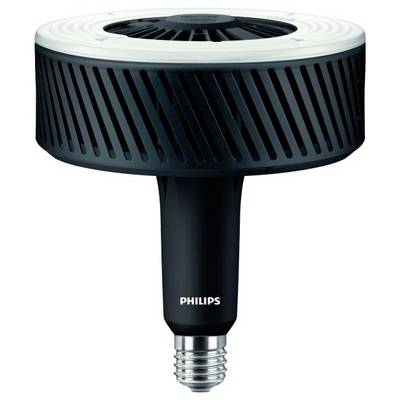 Een zwarte Philips LED-lamp met E27-fitting. Hij heeft een rond, geribbeld koellichaam bovenaan en is geschikt voor grote armaturen.
