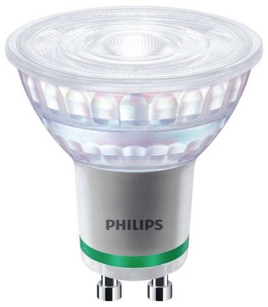 Een LED-lamp van Philips met een GU10-fitting. Het oppervlak is gefacetteerd en kleurrijk glanzend.