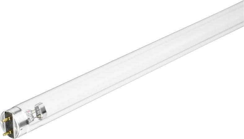 Een fluorescerende buis met twee metalen pennen aan elk uiteinde op een witte achtergrond.
