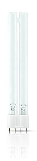 Een langwerpige UV-lamp met twee buizen en een witte voet met vier metalen contactpunten voor technische toepassingen.