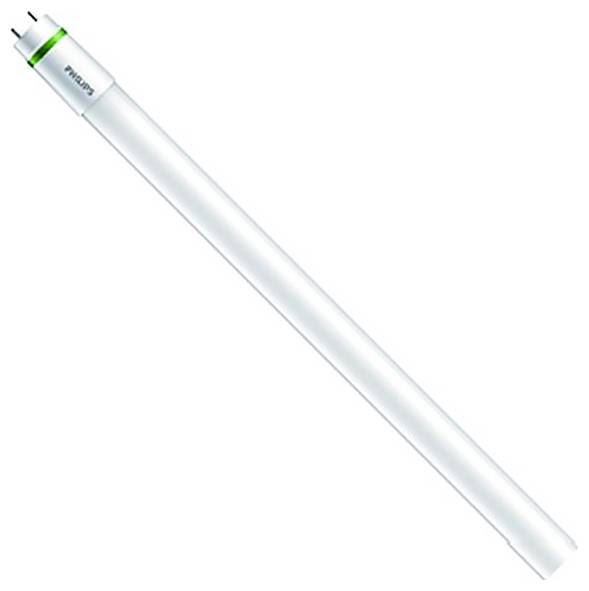 Een witte LED-buislamp met een groene streep aan de basis, rechtop staand tegen een witte achtergrond.