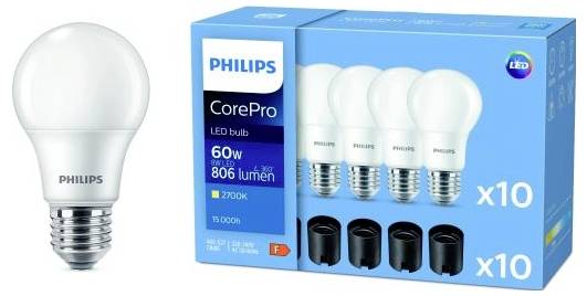Een LED-lamp met verpakking. Opschrift 'Philips CorePro LED-lamp, 60W vervangt 806 lumen, warmwit 2700K', verpakking van 10 stuks.