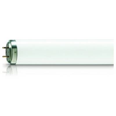 Een wit tl-buisje met metalen uiteinden op een witte achtergrond.