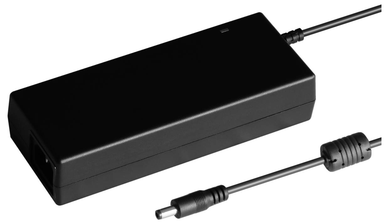 Zwart laptoplader met geïntegreerd kabel en stekker, geschikt voor mobiele apparaten.