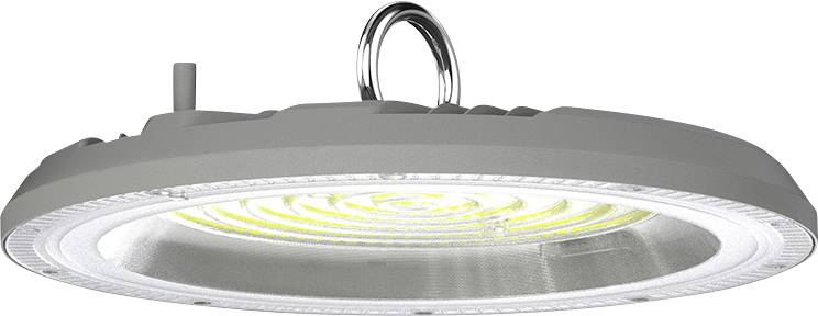 Een ronde, platte LED-lamp met een haak om op te hangen, verlicht in wit licht.