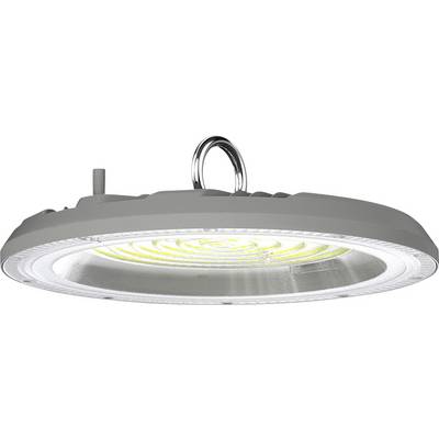 Een ronde, platte LED-lamp met een haak om op te hangen, verlicht in wit licht.
