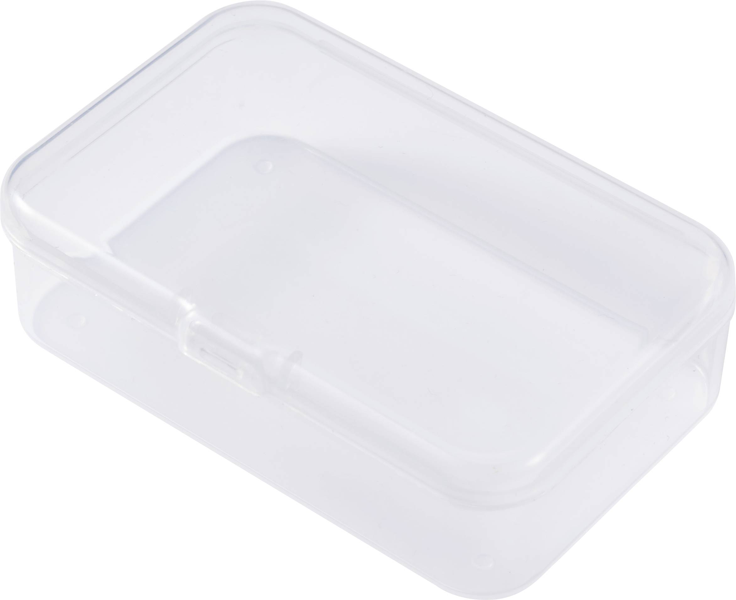 Transparante, rechthoekige plastic doos met afneembaar deksel, geschikt voor het opbergen van kleine voorwerpen.