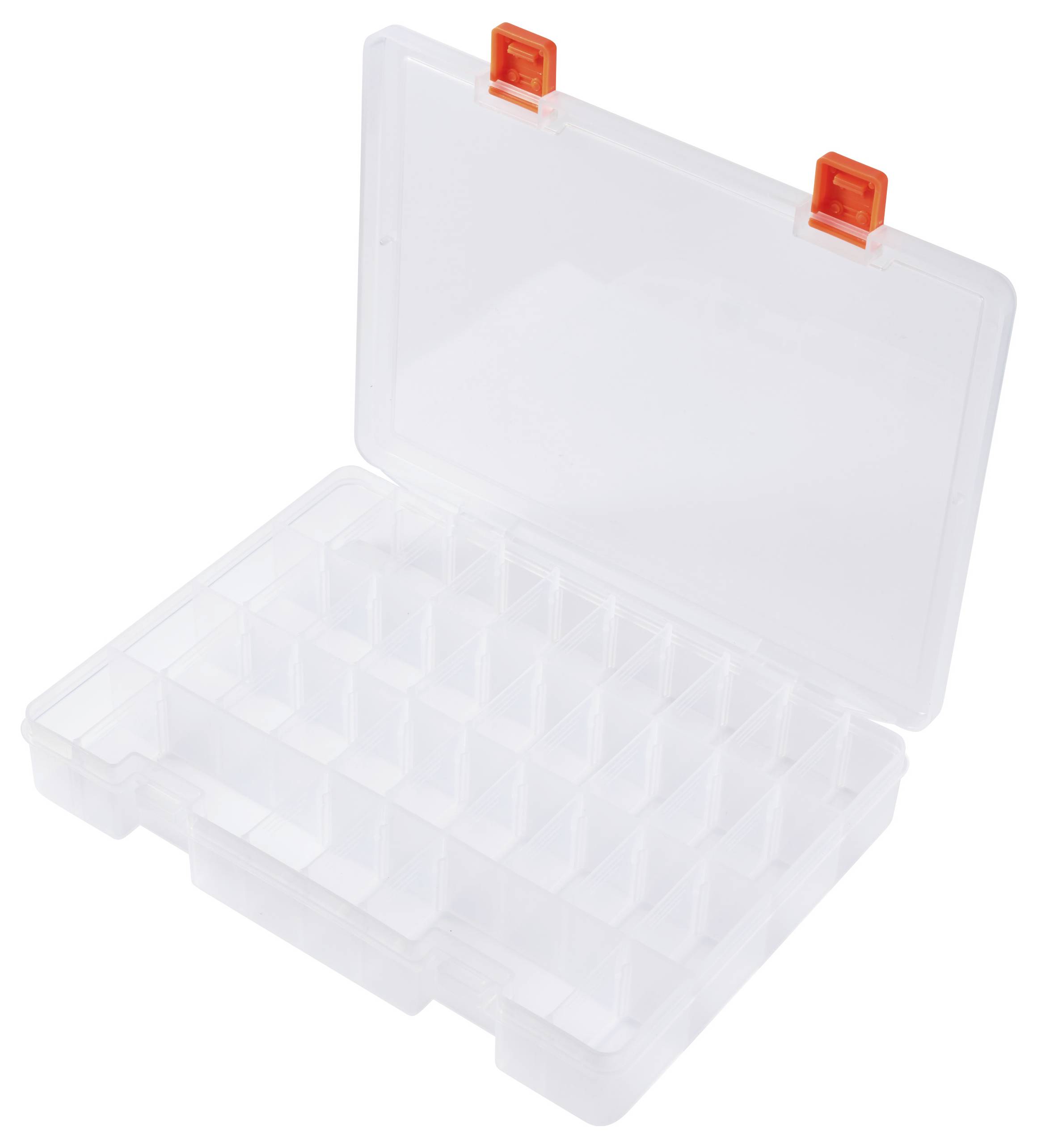 Plastic opbergdoos met 28 vakken en een opklapbaar deksel met twee oranje sluitingen. Ideaal voor het bewaren van kleine voorwerpen.